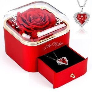New Red Rose with Heart Necklace, Forever Flowers Gifts for Mom